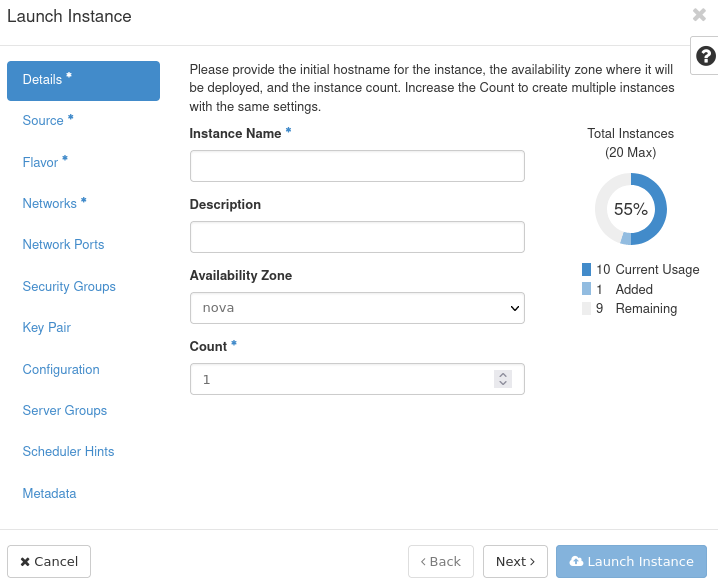 Launch Instance window in Horizon