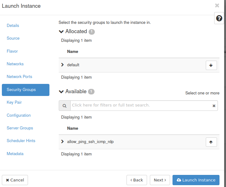 Security group selection for the Windows VM