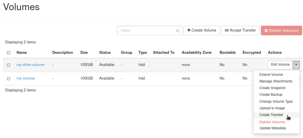 Create Transfer action in Horizon