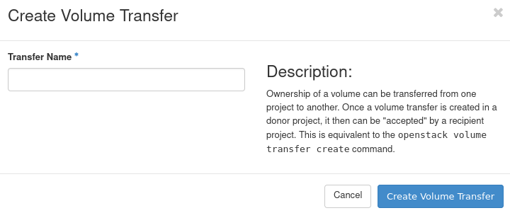 Create Volume Transfer window
