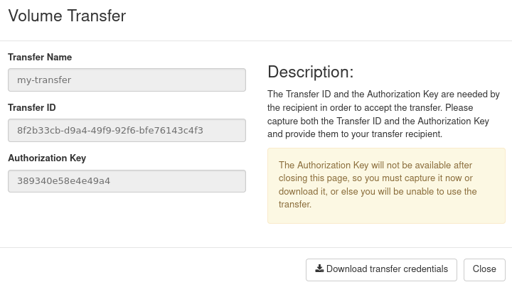 Volume transfer credentials