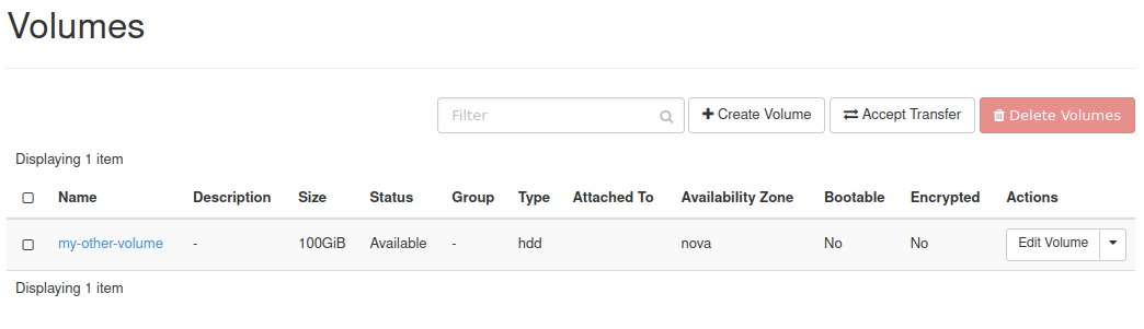 Transferred volume visible in the destination project