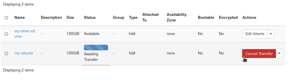 Cancel Transfer action in Horizon